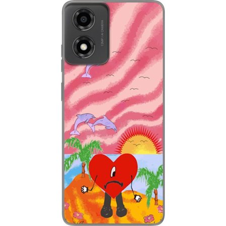 Kompatibelt Mobildeksel til Motorola Moto E14 Bad Bunny i en fargerik quiltet jakke med hjertemønster og solbriller i moderne gatestil