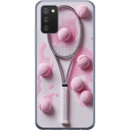 Kompatibel Mobilcover til Samsung Samsung Galaxy A02s Rosa glaskugler og tennisketsjer i et kreativt stillbillede med legende popfølelse og moderne d