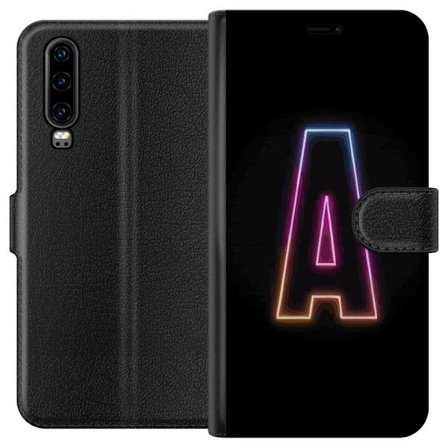 Kompatibel Tegnebogsetui til Huawei Huawei P30 Minimalistisk neonbogstav A i regnbuefarvet lys mod sort baggrund i moderne typografisk stil