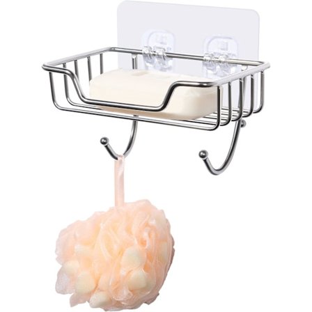 2 stk. sæbeskål, sæbeholder i rustfrit stål, vægmonteret, med 2 kroge, svampeholder, selvklæbende, sølv (13 mm*8 mm*9 mm)