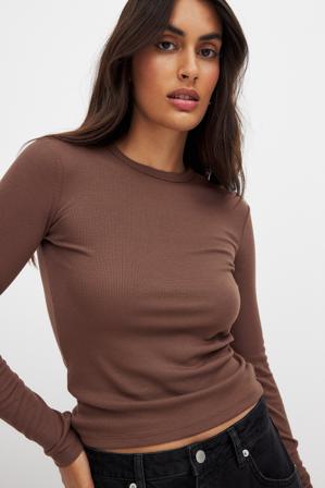 NA-KD Basic Haut côtelé encolure ronde à manches longues - Tops manches longues - Brun - XL (EU 46)