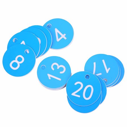 Graverede nummererede tags, nummererede nøgleringe runde plastikbikube tags avlsmærker med blå huller