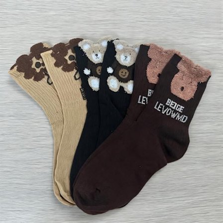 Par Hyggelige Søde Tegneserie Bjørn Mid-Tube Sokker - Efterår/Vinter Polyester Vævede Stribede Sokker til Kvinder, Behagelige Kun Håndvask Strømper