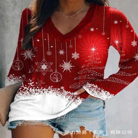 Independent Station Ny europeisk och amerikansk jul Långärmad V-ringad topp Casual Lös Damkläder 1 modell