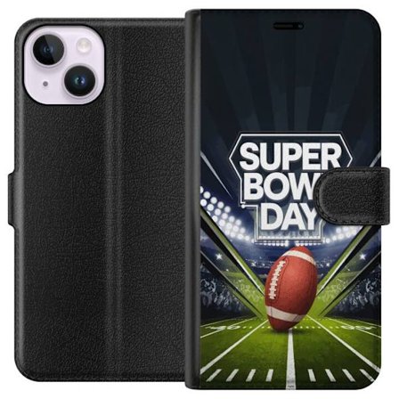 Kompatibel Tegnebogsetui til Apple iPhone 14 Super Bowl Day plakat med amerikansk fodbold på oplyst arena i dramatisk sportsdesign