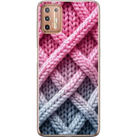 Kompatibel Mobilcover til Motorola Moto G9 Plus Nærbillede af vævet tekstilmønster i nuancer af lyserød, grå og hvid med taktil struktur