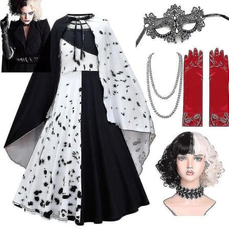 Halloween Barnkläder för Barn Cruella Klänningar Flickor Cosplay Kostym Svart Vit Lång Klänning Med Kappa för Karnevalfest