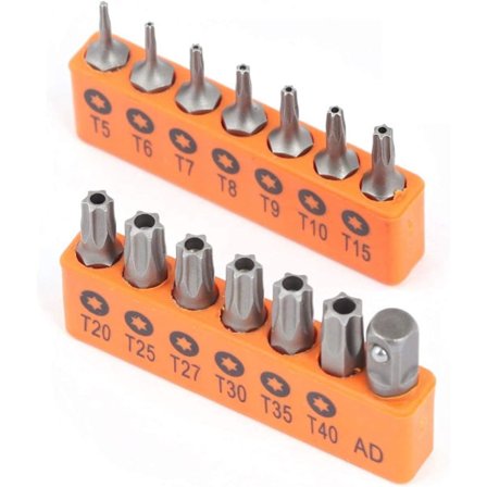 14-delad stjärnskruvmejselset med manipuleringsskydd, S2-legeringsstål, T5 - T40 säkerhetstorx-bits