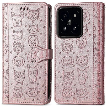 För Xiaomi 14T Läderplånboksfodral Flip Telefonskal med Sött Katt Hund Mönster - Grå