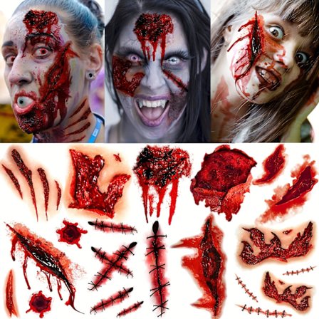 Realism Bloody Stitches & Wounds Scary Face Scars - Vattentäta, Hållbara och Långvariga Tillfälliga Tatueringar för Vuxna - Perfekt för Halloween (FMY
