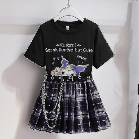 Sanrio-sarjakuva kawaii-tyttöjen valkoinen T-paita-asu Kuromi söpö kesä lyhythihainen korkeakoulu JK-univormuhame lasten muotihame Kuromi2-Xin Kuromi2