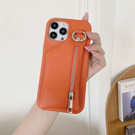 Etui til iPhone 16plus lychee mønster møntpung kortholder orange japansk og koreansk
