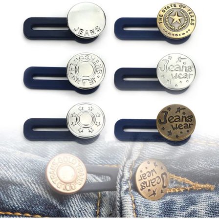 6 stk. elastiske knapeforlængere i gummi til jeans, bukser, nederdel