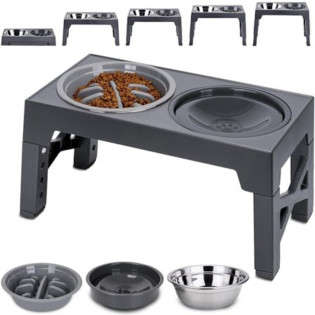 Korotettu koiran ruokakuppi jalustalla, 5 korkeussäädettävää roiskesuojattua juomakuppia ja ahnehtimista estävä kuppi, 3 ruostumattomasta teräksestä 