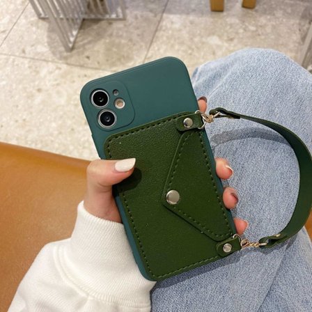 Etui til iPhone15 HTE90. Mørkegrøn kortholder lige kant magisk terning fuld kamera blød