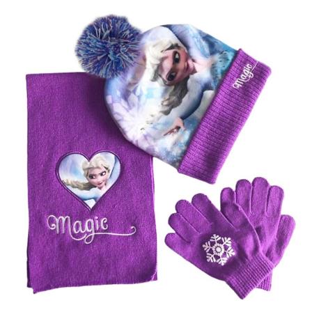 Frozen Elsa Lasten Tyttöjen Talvi Lämmin Pehmeä Myssy Pom Pom Pipo Huivi Hanskat Setti Purple