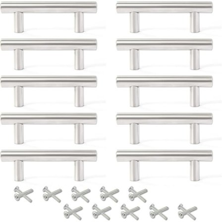 10 stk 64 mm Køkkenhåndtag med Skruer i Rustfrit Stål T-Håndtag Skab Skab Håndtag Trækhåndtag Dørhåndtag Sæt til Køkkenlåde Soveværelse