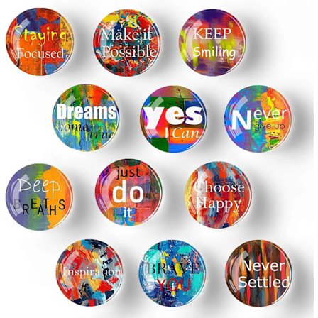 12 kpl Lasimagneetteja - 35mm (Aurinkoinen Inspiroiva Lainaus)