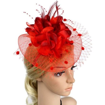 Damer Fascinator Pillbox Hatt Kvinner Blomst Bowler Hatt Fjær Bryllup Cocktail Hatt Hårklemme Party Hatt Hårtilbehør med Hårsløyfe rød