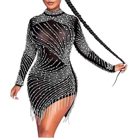 Cocktailkjoler for kvinner, sexy dyp V-hals, full av frynser, spaghettistropper, kjole med paljetter og fjær for ball