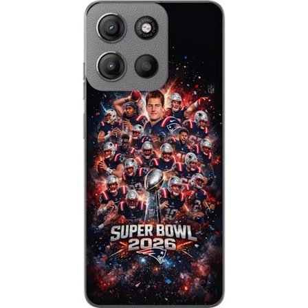Yhteensopiva Puhelinkuori Motorola Moto G15 Super Bowl 2026 juliste, jossa New England Patriots ja NFL-mestaruuspalkinto räjähtävän urheilullisessa su