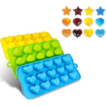 Sett med 3 isbitformer - Silikonformer former hjerter, stjerner, skjell - Isbitbrettgave