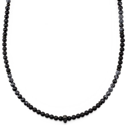 Rico | Collier tête de mort en pierre de lave noire et obsidienne neige pour hommes - Colliers de perles