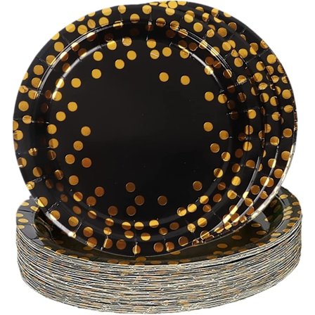 Svart guld födelsedag engångstallrik, 48 st 18 cm papperstallrik