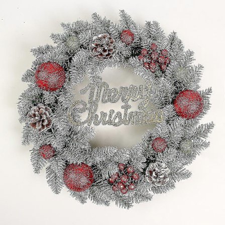 Valmiiksi koristeltu joulukranssi ulko-oveen, 40 cm "Be Merry" -kranssi punamustalla ruutukuvioisella rusetilla, valaistu maalaistalon joulukoriste