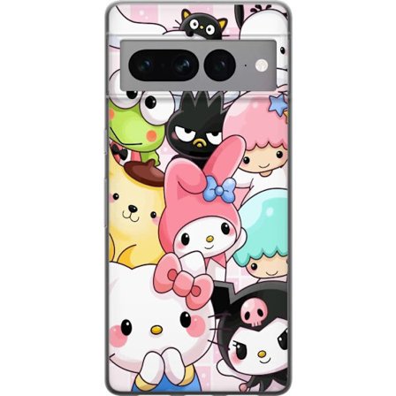 Kompatibelt Mobildeksel til Google Pixel 7 Pro Tett mønster av søte figurer med store øyne i ulike farger og uttrykk med LABUBU-tekst