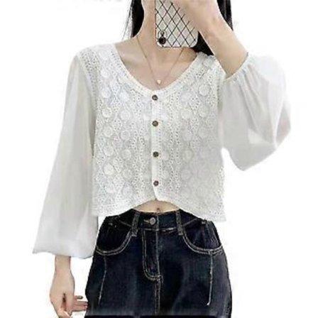 Dam Vintage Virkad Crop Top Koftor Sexig V-ringad Blus Toppar Utskurna Stickade T-shirts Söt Höst Kort Topp Present Vit