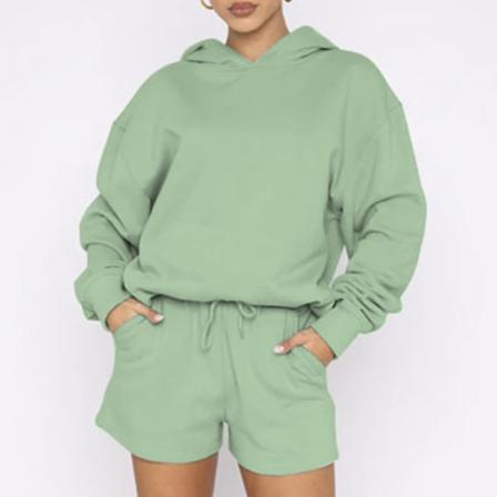 Dam Med Elastisk Midja I Enfärgad Huvtröja Och Shorts
