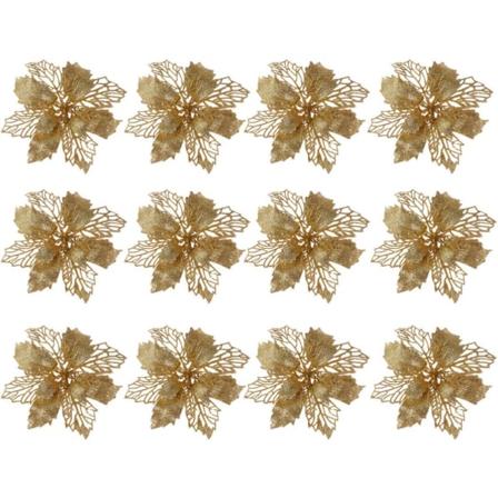 12 kpl Joulukuusen Koristeita Glitter Poinsettiat