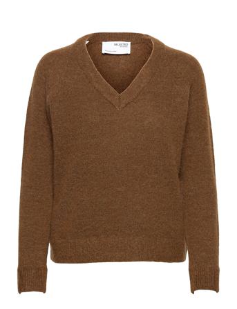Slflulu Ls Knit V-Neck Brown Selected Femme