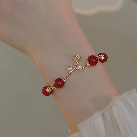 Golden Rose Natural Red Agate Round Beads Justerbart armband W