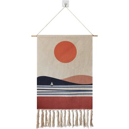 IC Makrame Vävd Väggbonad Hängande Konst, 20x34 Extra Stor Boho Chic Bohemian Röd Sol Landskap Geometrisk Tryckt (Rund Sol)