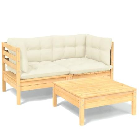 Vidaxl Loungegrupp Med Gräddvita Dynor 3 Delar Massiv Furu Creme