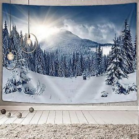 Vinterlandskap Gobelin Veggheng, Snøfjell Furu Gran Skog Soloppgang Jul Premium Gobeliner for Hybel Stue Soverom, Veggteppe