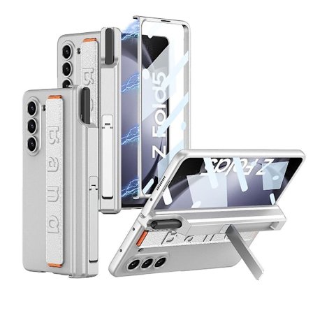 Z Fold 5 Skal, Slim PC Skal För Samsung Galaxy Z Fold 5 Med Magnetiskt Gångjärnsskydd, Skärmskydd & Armband (Med Penna) Silver För Galaxy Z Fold 5
