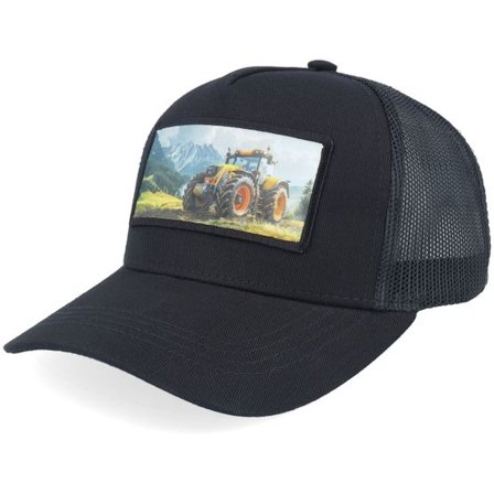 Kiddo Cap - Svart trucker Keps - Kids Yellow Tractor Patch Black Trucker @ Hatstore