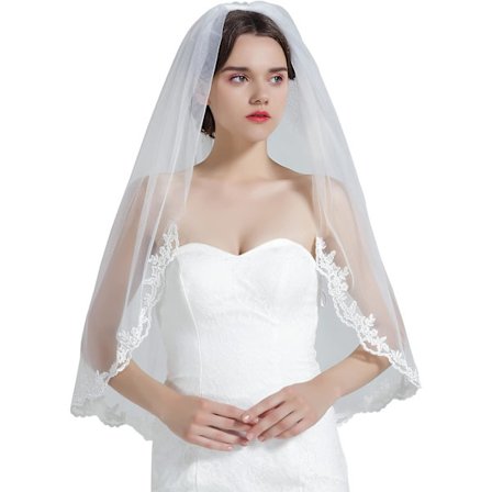 Brude Slør 1 Lag Enkelt Elfenben Hvid Med Metal Kam Kort Lang Blondebroderi