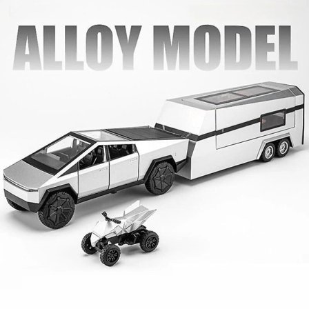 1/32 Tesla Cybertruck med Touring Car Rv Husvagn Diecast Leksak Metall Miniatyr Modell Dra Tillbaka Ljud Ljus Samling Gåva Pojke Silver
