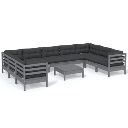 Vidaxl Loungegrupp Med Dynor 10 Delar Grå Massiv Furu Grå