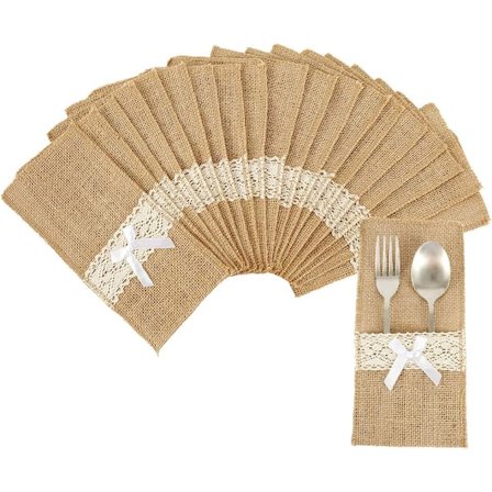 20 Stykke Bestikposer Burlap og Blonder Bestikholder med Sløjfe
