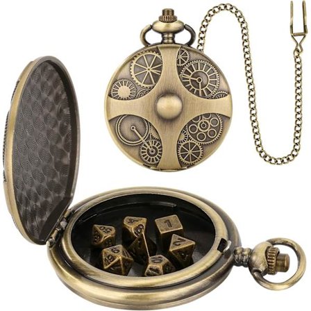Mini Dnd Tärningsset med Brons Steampunk Kugghjul Fickur Skal, 7st Polyedriska Metall D&D Tärningsset, Rollspels Tillbehör