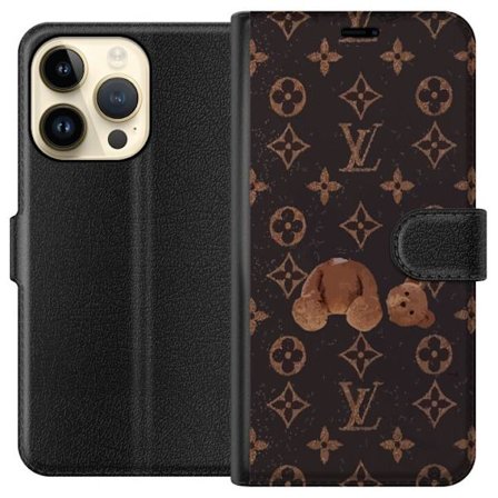 Kompatibel Tegnebogsetui til Apple Apple iPhone 14 Pro Luksuriøst monogrammønster med knust bamse i mørk modeæstetik