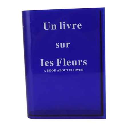 Kirjan muotoinen maljakko kukille, akryylinen, koristeellinen, läpinäkyvä, sininen