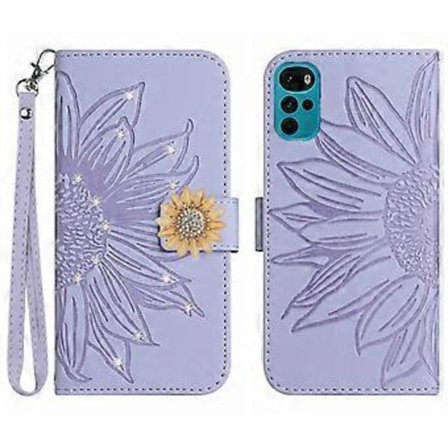 Kompatibel med Motorola Moto G22 Præget solsikke med diamanter Magnetisk kortholder pung telefoncover med kort rem - Lys lilla