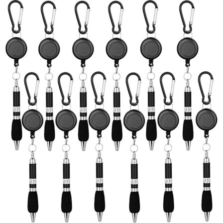 12 st Clip On Pennor Karbinhake Pennor Infällbar Märkesrulle Penna Bältesklämma och Karbinhake Nyckelring Kulspetspenna, Svart
