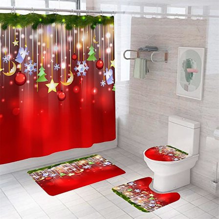 4 kpl Merry Christmas -suihkuverhosettejä, jouluiset suihkuverhosetit matolla, WC:n kannen suojuksella ja kylpymatolla kylpyhuoneen sisustukseen, 